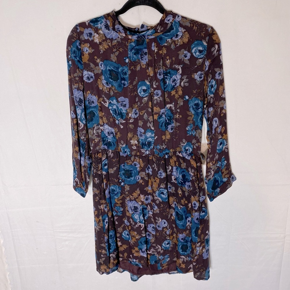 Forever 21 Brown Blue Floral 3/4 Sleeve Mini Dress M